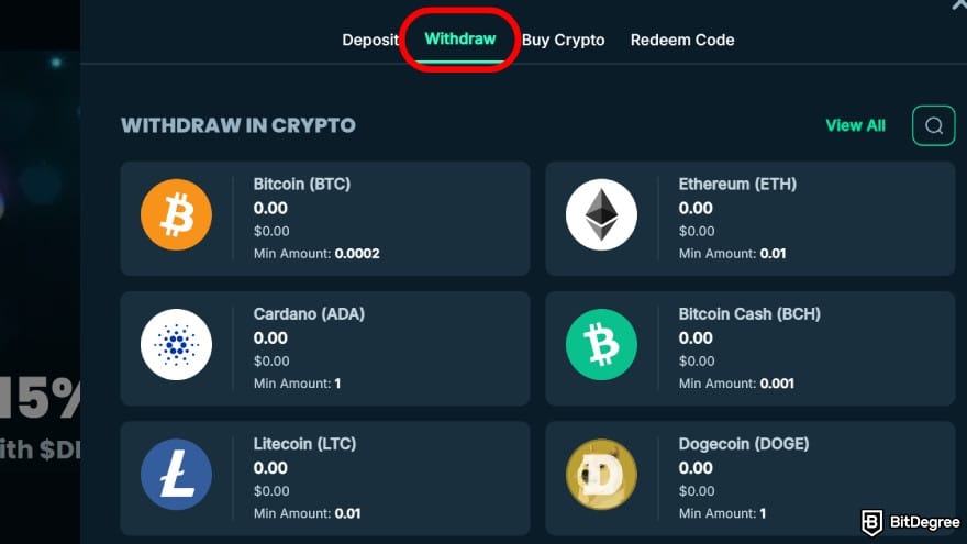 Mega Dice Casino review: choose the token to withdraw.