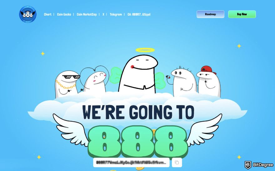 Meme coins that will explode: a screenshot of the 888 coin's landing page.