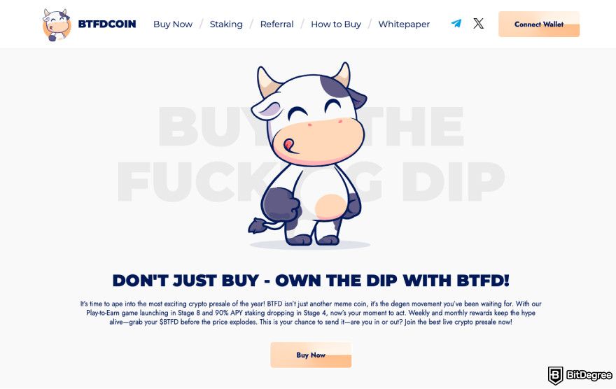 Meme coins that will explode: a screenshot of the BTFD landing page.