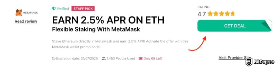MetaMask referral: a red arrow pointing to the [GET DEAL] button on BitDegree's page.