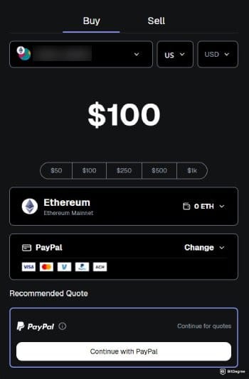 MetaMask review: the buy page on MetaMask's web interface.