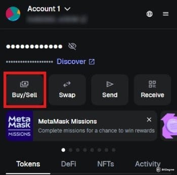 MetaMask review: the homepage for MetaMask's Chrome extension with the Buy/Sell button highlighted.