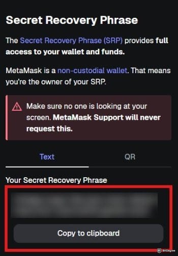 MetaMask review: the Secret Recovery Phrase page on MetaMask's Chrome extension.