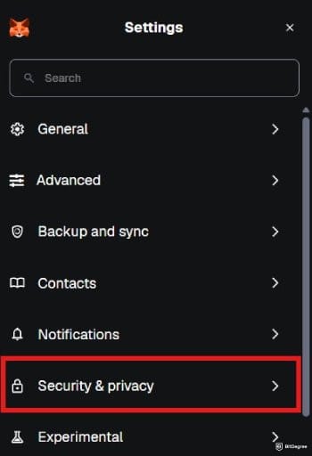 MetaMask review: the Settings page on MetaMask's Chrome extension.