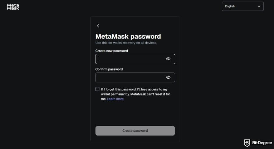 MetaMask review: the page to set up a new password for MetaMask.