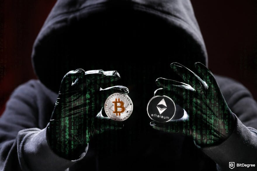 MetaMask review: a hooded person holding a BTC and an ETH coin.