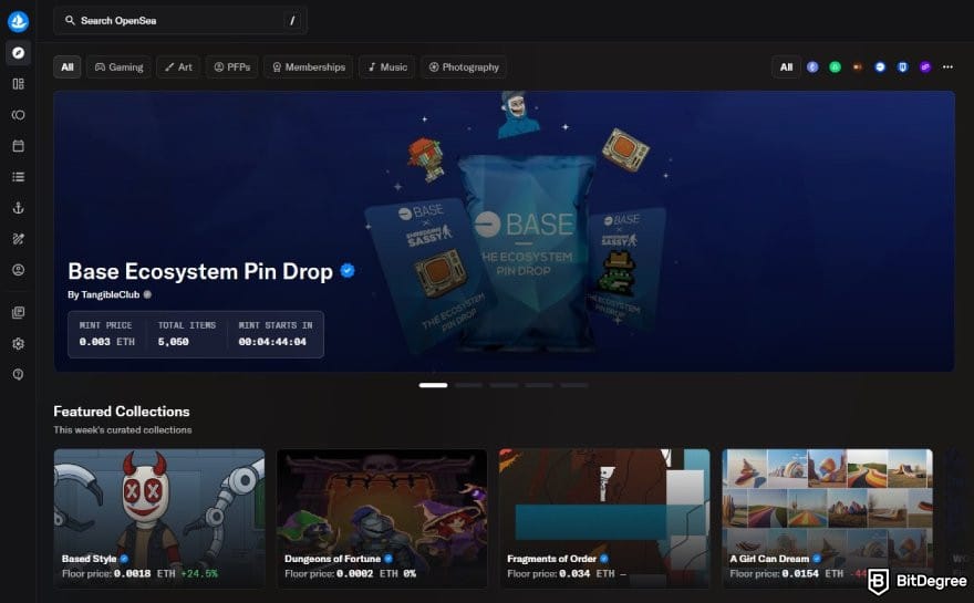 MetaMask review: OpenSea homepage.