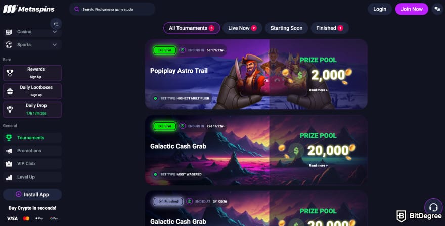 Metaspins review: Metaspins tournaments page. Metaspins review: Metaspins tournaments page.