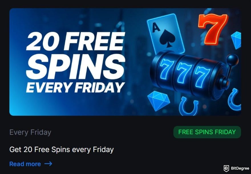 MetaWin Casino review: the banner for the "20 Free Spins Every Friday" promotion on MetaWin.
