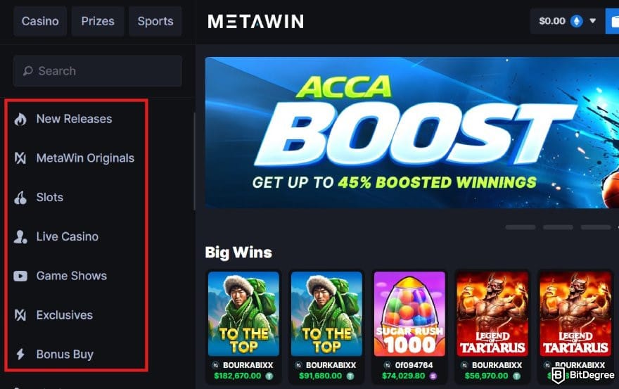MetaWin Casino review: MetaWin's homepage with the game categories highlighted.
