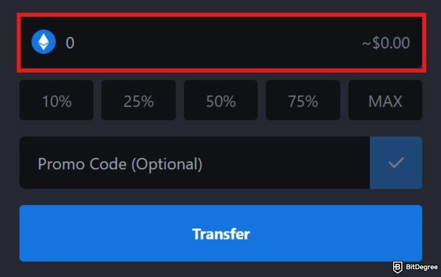 MetaWin Casino review: the amount box on MetaWin's cashier interface.