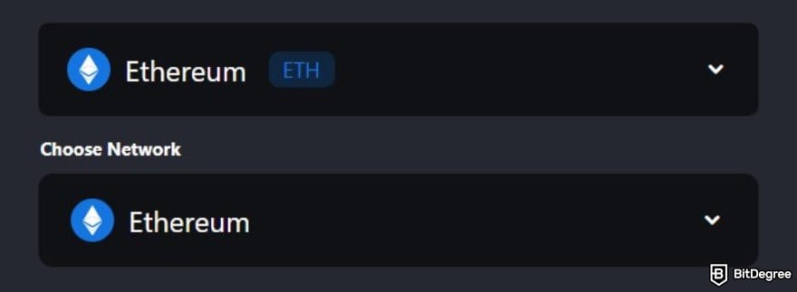 MetaWin Casino review: the token and network options on MetaWin's cashier interface.