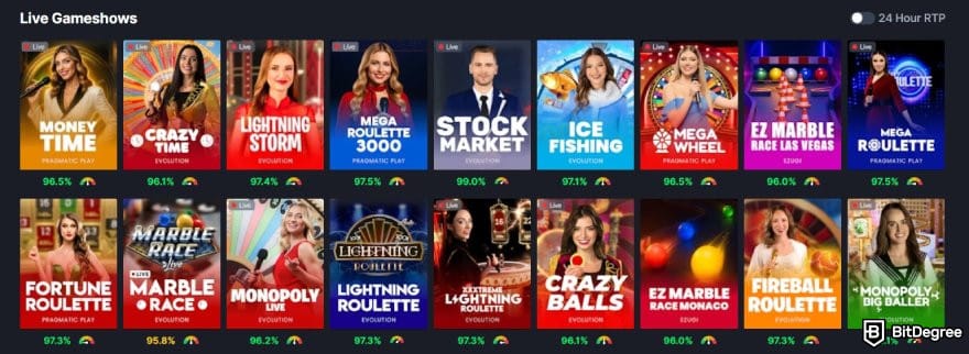 MetaWin Casino review: Live Gameshows category on MetaWin.