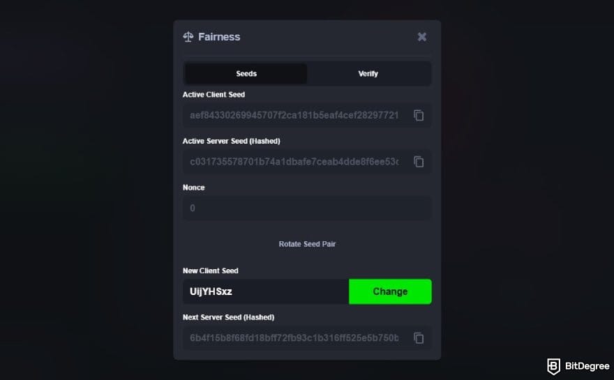 MetaWin Casino review: the provably fair interface on MetaWin.