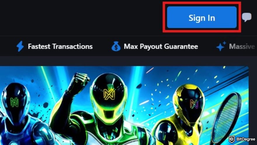 MetaWin Casino review: MetaWin homepage with the Sign In button highlighted.
