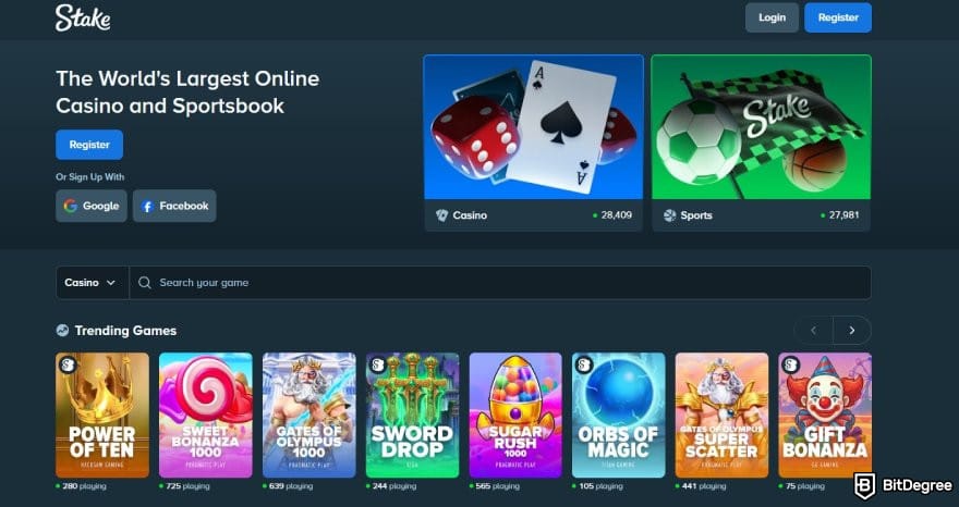 MetaWin Casino review: Stake.com's homepage.