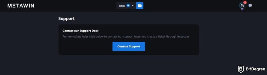 MetaWin Casino review: the support page on MetaWin.
