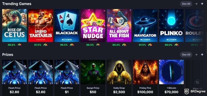 MetaWin Casino review: the Trending Games section on MetaWin.