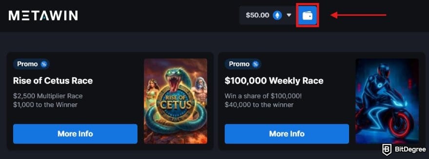 MetaWin Casino review: MetaWin homepage with the wallet button highlighted.