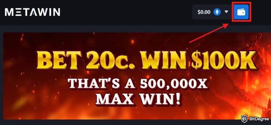 MetaWin Casino review: MetaWin homepage with the wallet icon highlighted.