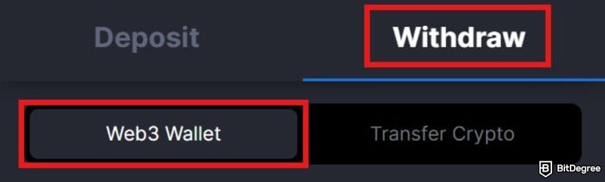 MetaWin Casino review: MetaWin's cashier window with the Web3 Wallet withdrawal menu highlighted.