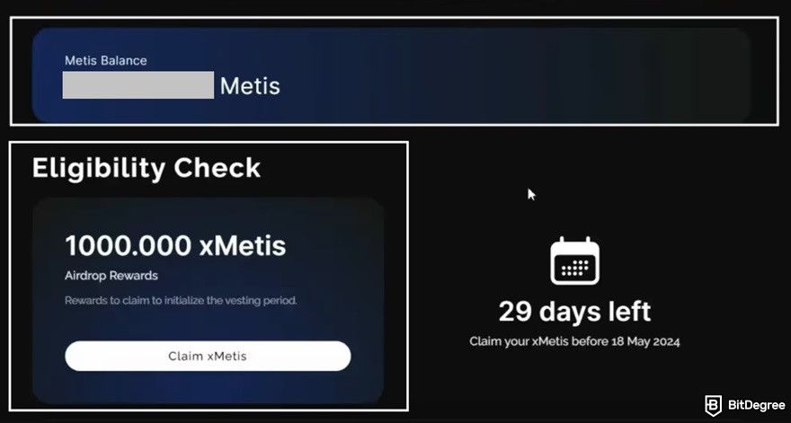 Metis airdrop: a user interface related to a Metis airdrop eligibility check and xMetis reward claiming.