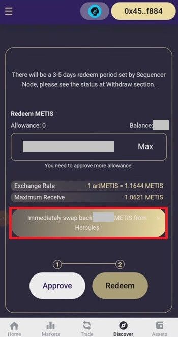 Metis airdrop: redeeming METIS by swapping back from Hercules.