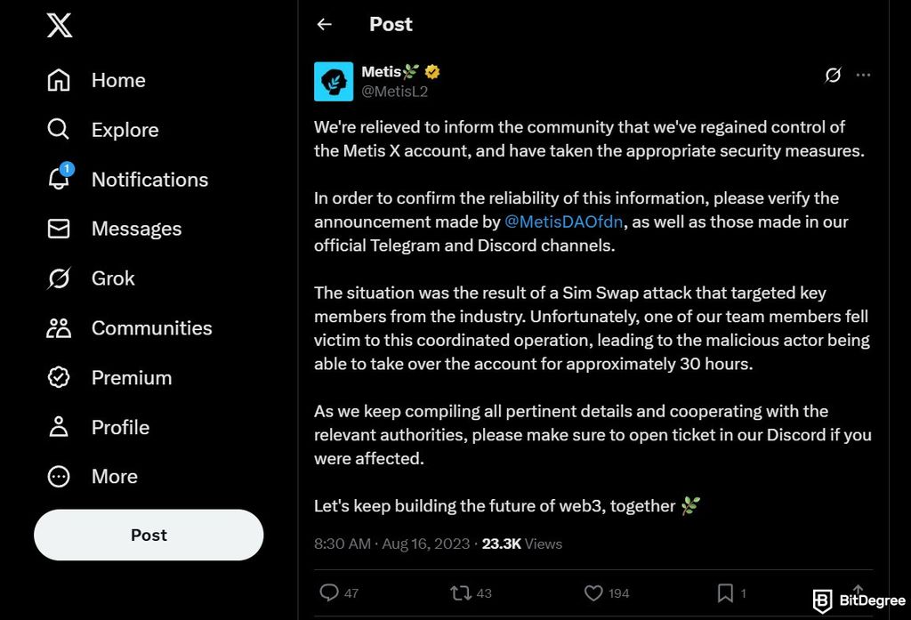 Metis airdrop: the Metis X post about getting hacked.