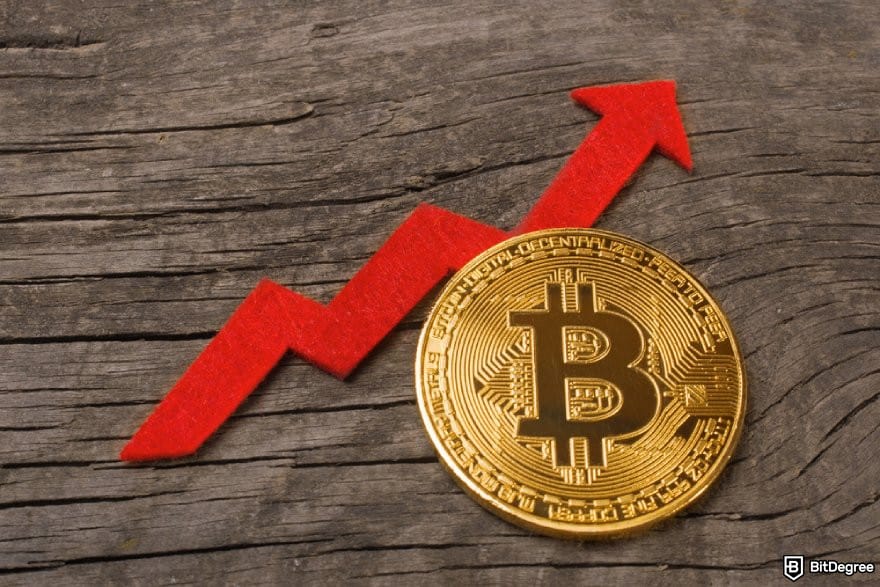 MEXC copy trading: a BTC coin and an up-sign red arrow.