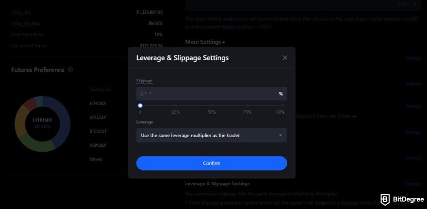 MEXC copy trading: the leverage and slippage settings on MEXC copy trading interface.