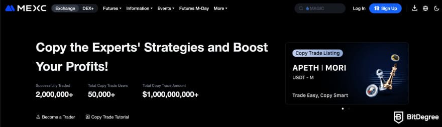 MEXC copy trading: main page of MEXC futures copy trading.