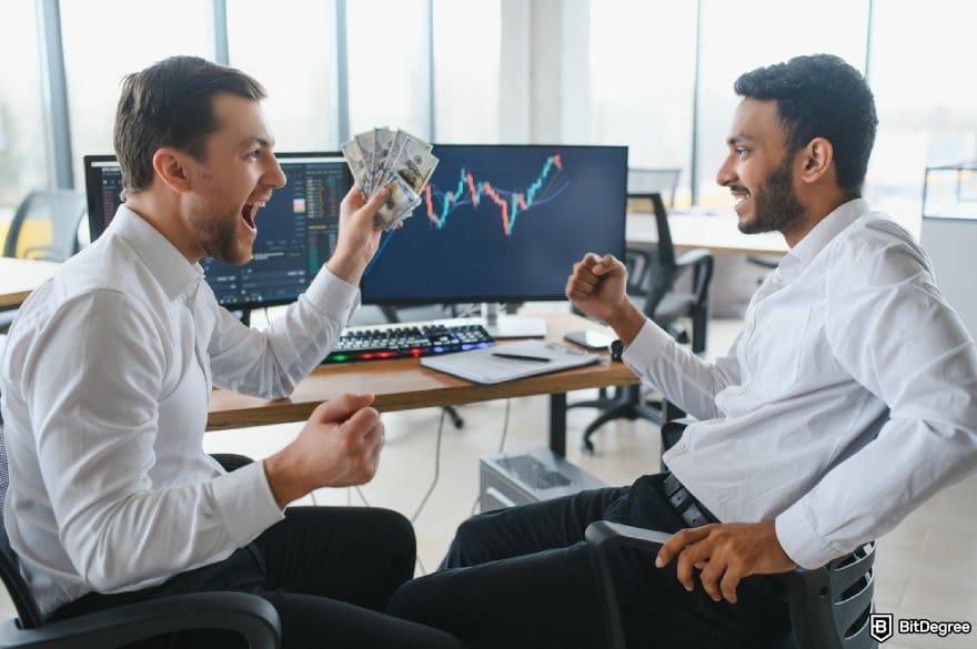 MEXC copy trading: two people celebrating in front of trading screens, one holding money.
