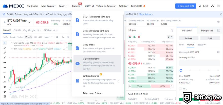 Sàn MEXC là gì: Giao dịch demo.