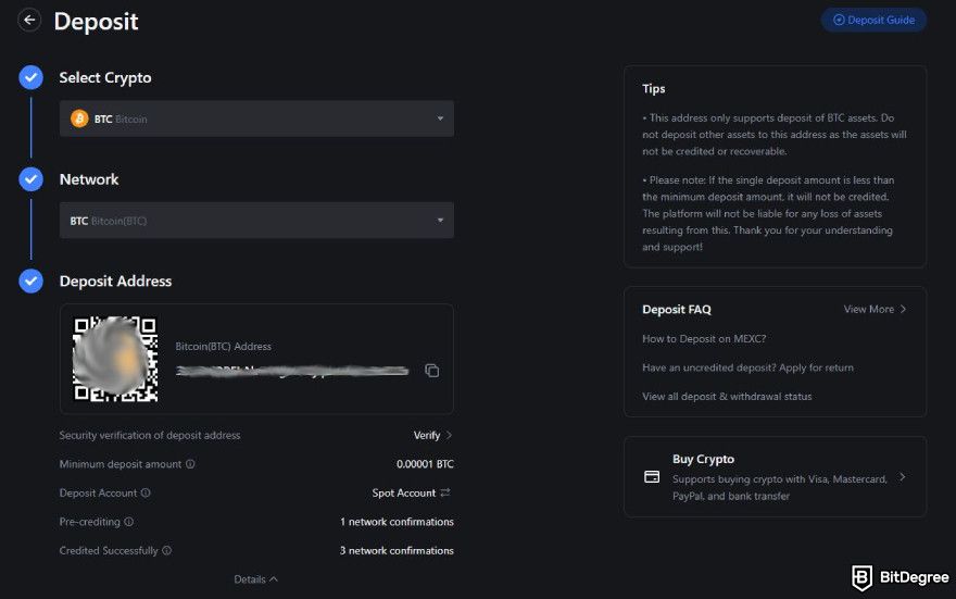 MEXC fees: depositing crypto from external wallet or exchange.