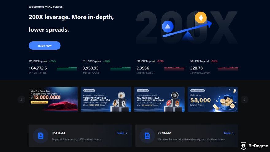 MEXC fees: platform futures page, showing features and leverages.