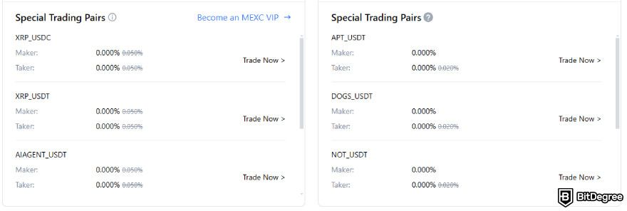 MEXC fees: special trading pairs zero rate promotions.