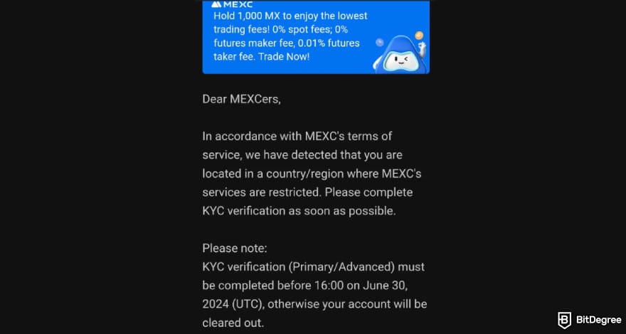MEXC KYC: email prompting users to verify their identity on MEXC.
