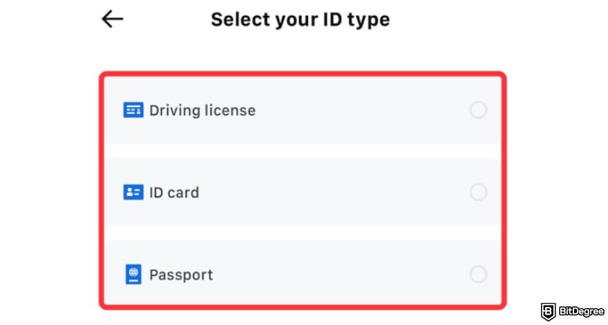 MEXC KYC: ID type for verification on MEXC app.