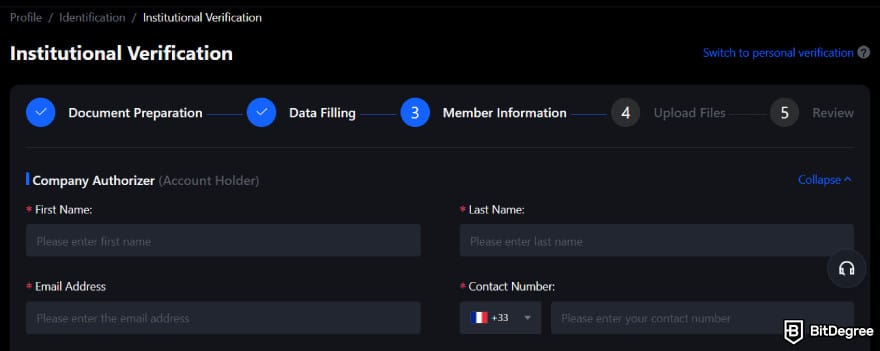 MEXC KYC: institution member data submission for KYC verification.