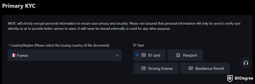 MEXC KYC: MEXC primary KYC page.
