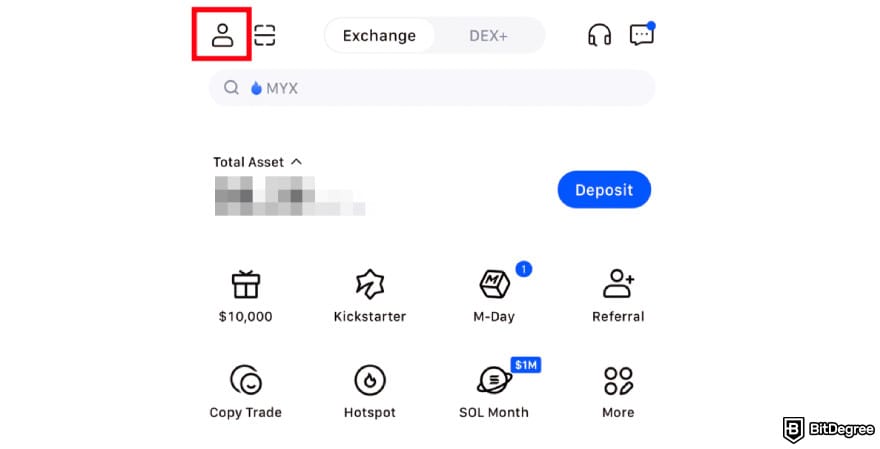MEXC KYC: profile icon on MEXC app homepage.