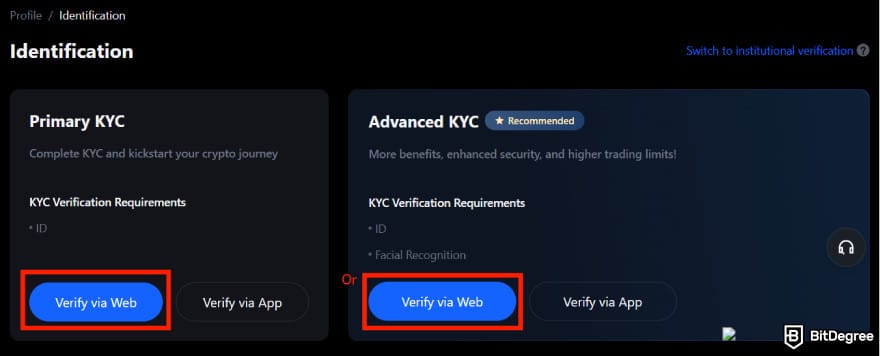 MEXC KYC: [Verify via Web] button on both primary and advanced MEXC KYC.