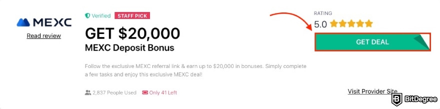 MEXC referral code: red arrow pointing to the get deal button.