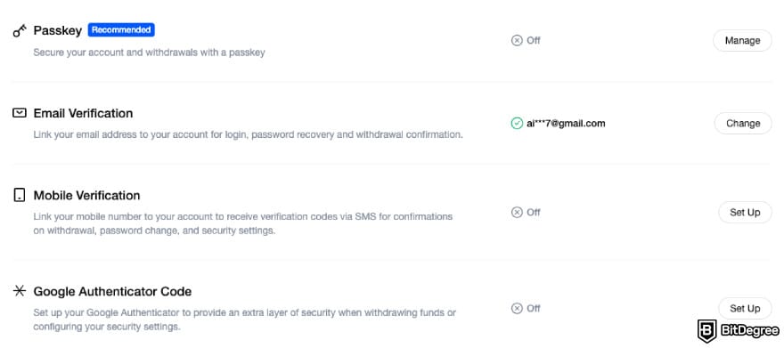 MEXC review: the available 2FA options on MEXC.
