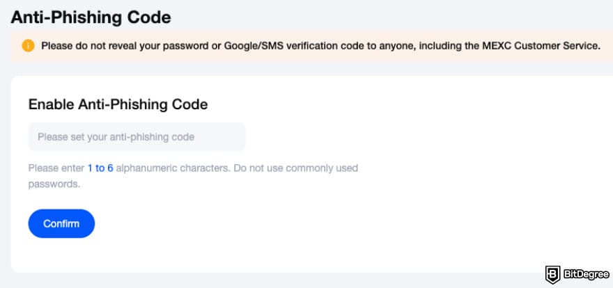 MEXC review: enabling an anti-phishing code on MEXC.