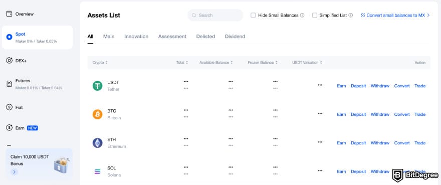 MEXC review: a place where you can overview the assets you have.
