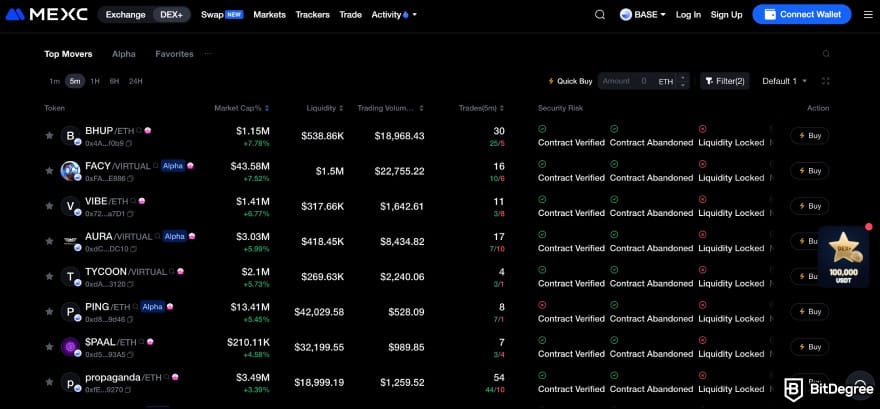 MEXC review: the DEX+ trading interface.