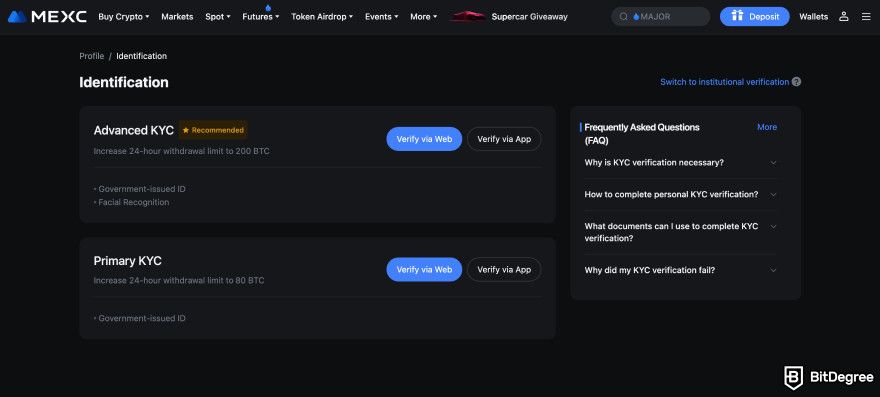 MEXC review: KYC.