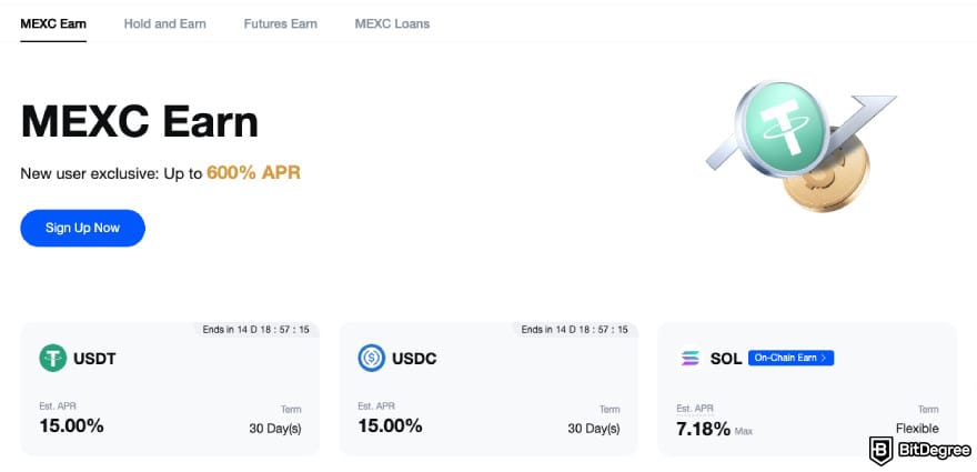 MEXC review: the MEXC Earn interface with some of the available earning options.