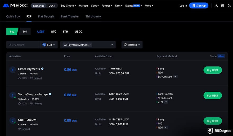 MEXC review: P2P / OTC platform.